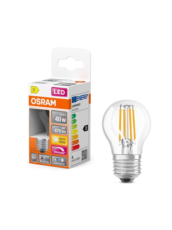Osram LED-lyspære LED Comfort mini-ball filament 470lm 3.4W/927 (40W) E27 dimmable E27