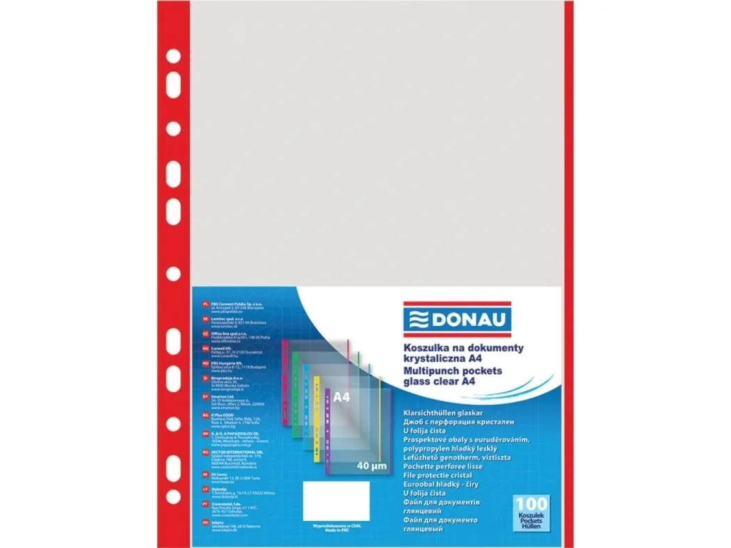 Donau dokumentmapper PP, A4, krystall, 40 mikron, farget kant – rød, 100 stk