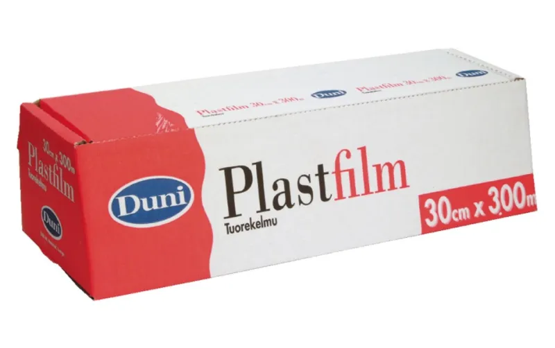 Husholdningsfilm Duni plastfilm PVC 30 cm x 300m transparent i riveboks