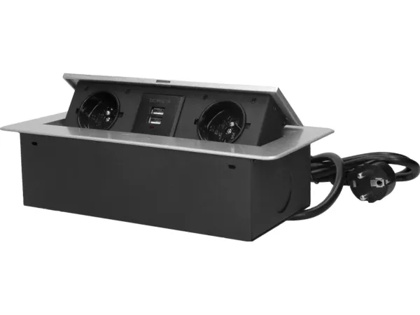 Orno uttak for bord/innfelt med USB-lader, 3 m kabel 2x2P+Z 2xUSB sølv
