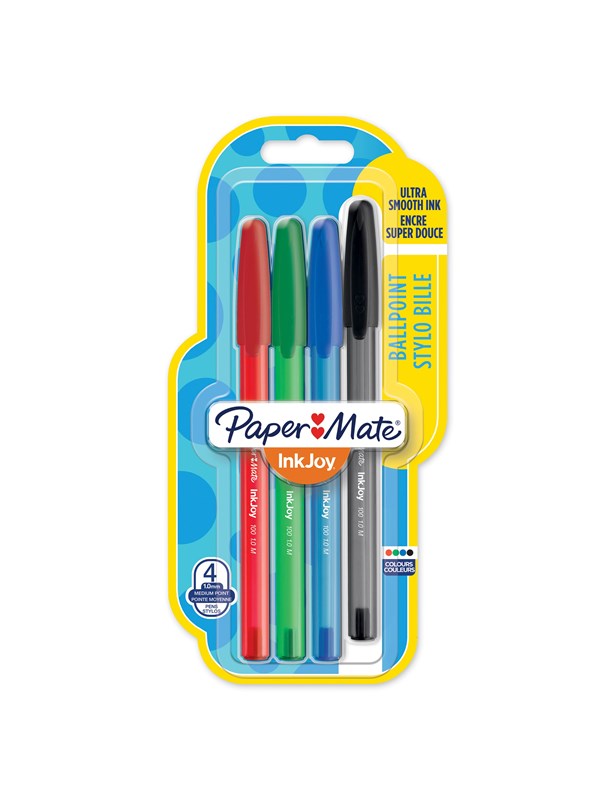 Paper Mate InkJoy 100ST Ballpoint Pens | Medium Point (1.0mm) | Red Green Blue & Black | 5 Count