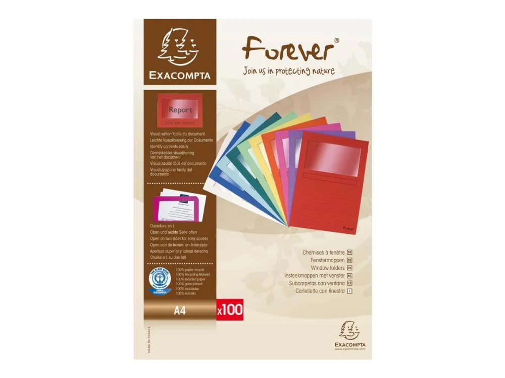 Exacompta Forever - Firkantskåret mappe - for A4 (210 x 297 mm) - kapasitet: 80 ark - assorterte farger (en pakke 100)