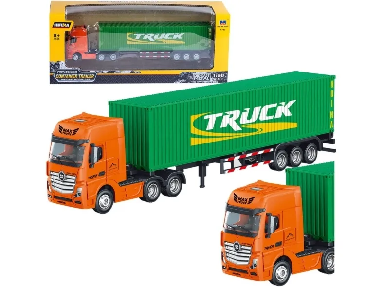 HUINA lastebil med metall tilhenger-/container, grønn 1:50