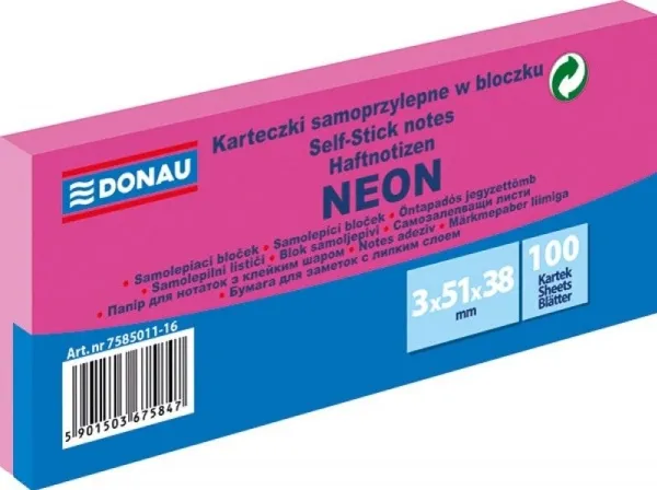 Selvklebende blokk DONAU 38x51 mm 100 ark neonrosa (3 stk) 7585011-16