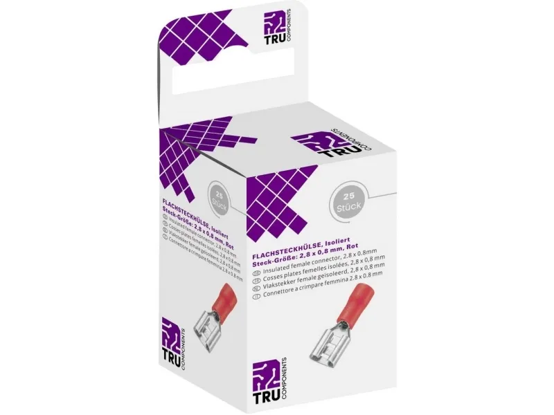 TRU COMPONENTS T1904C040 Flatstiftholder sortiment, stiftbredde: 2,80 mm, stifttykkelse: 0,80 mm, 180°, delvis isolert, rød, 25 stk