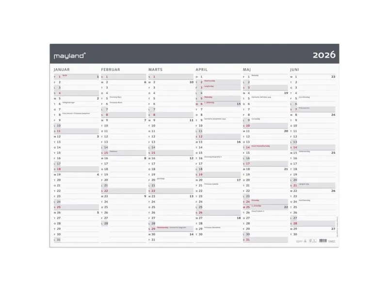 Kæmpekalender Moderne 2x6 måneder 2026 i kraftigt papir - leveres i paprør