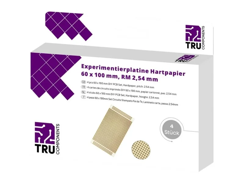 TRU COMPONENTS T1906SA039 Europrintplate hardt papir (L x B) 100 x 60 mm 35 µm rutenett 2,54 mm 4 stk