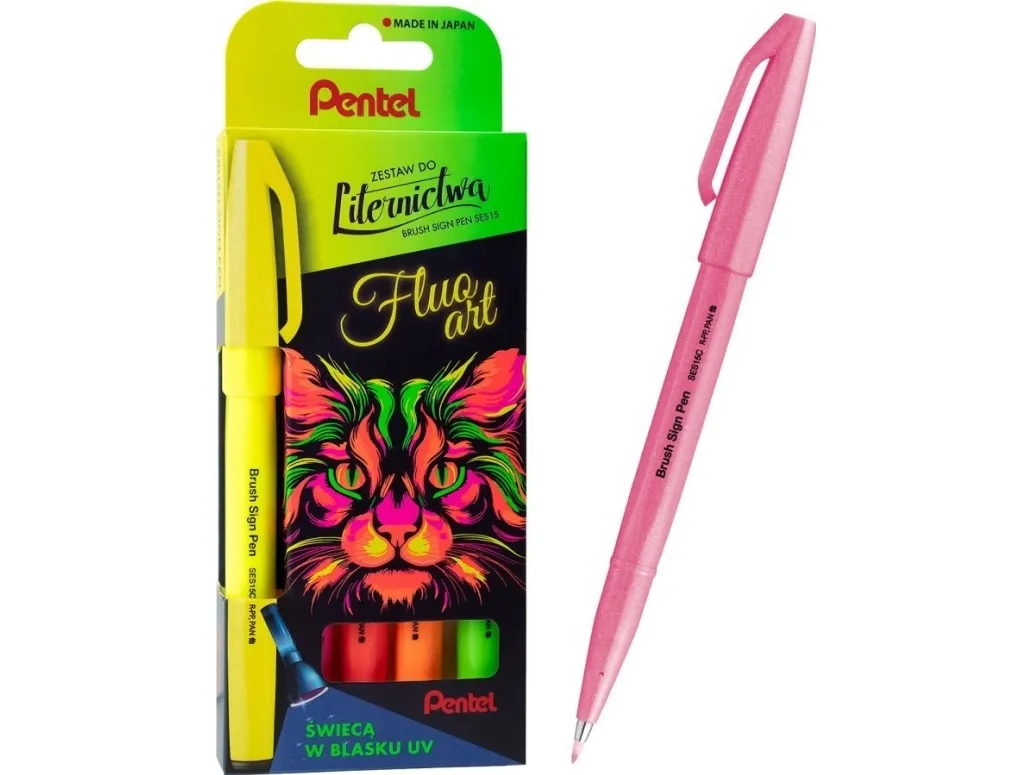 Pentel Brush Sign Pen Fluo Art UV sett med 5 farger