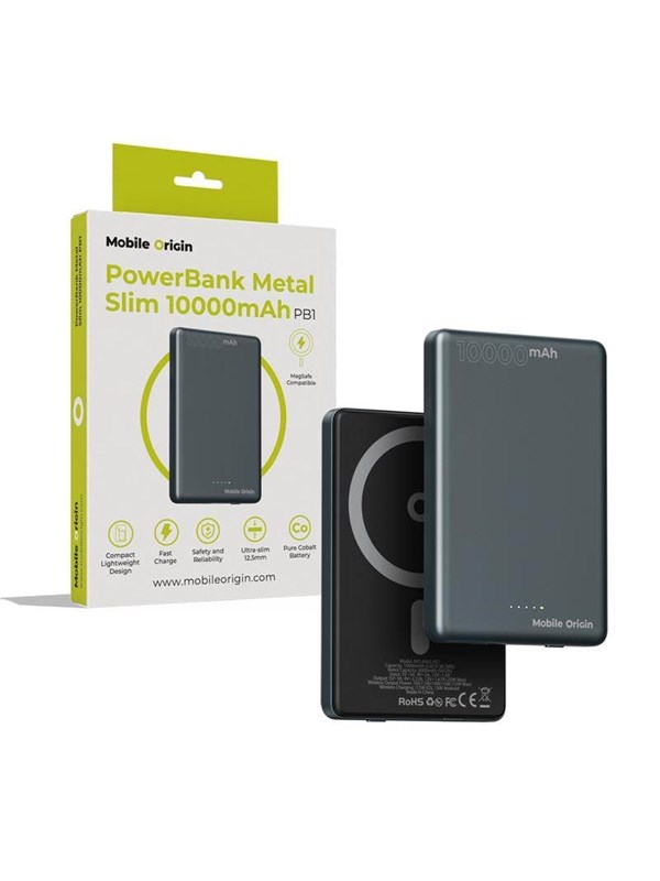 Mobile Origin PowerBank Metal Slim 10000mAh PB1 Nødlader - Grey - 10000 mAh