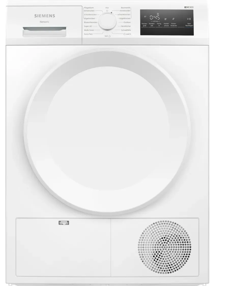 Siemens iQ300 WT43H004, Frittstående, Frontmatet, Kondensasjon, Hvit, Rotasjon, Berøringskontroll, Riktig/Høyre