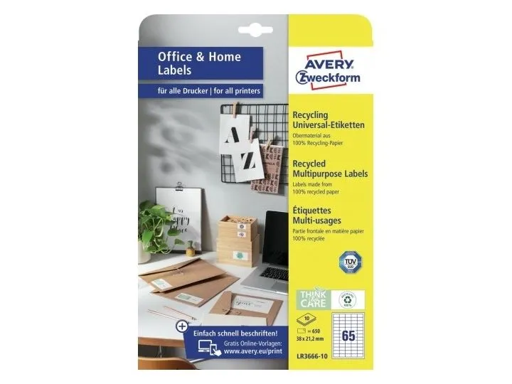 Avery LR3666-10, Hvit, Rektangel, Permanent, 38 x 21.2 mm, A4, Papir