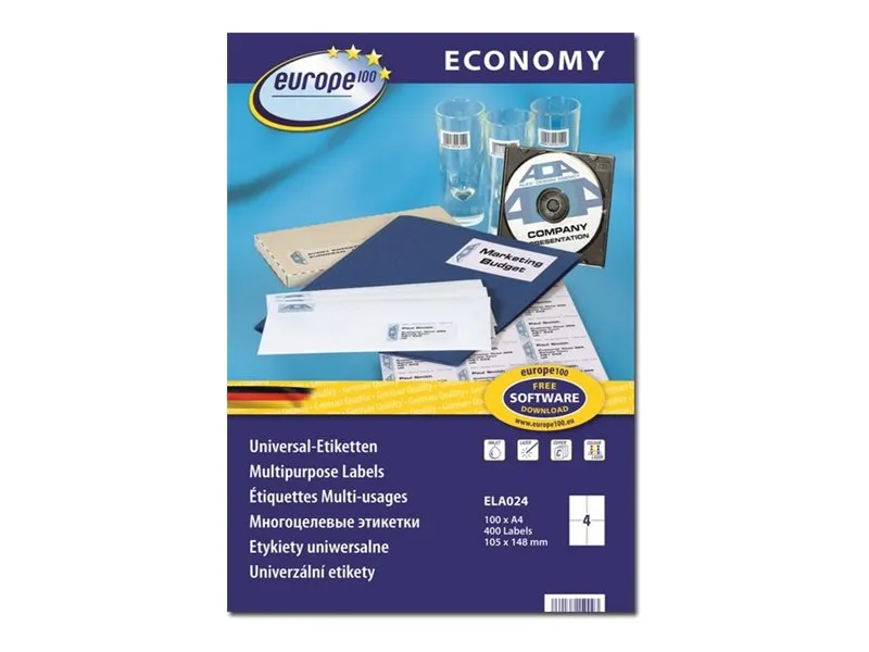 europe100 - Papir - permanet adhesiv - hvit - A6 (105 x 148 mm) 400 etikett(er) (100 ark x 4) flerbruks merkelapper