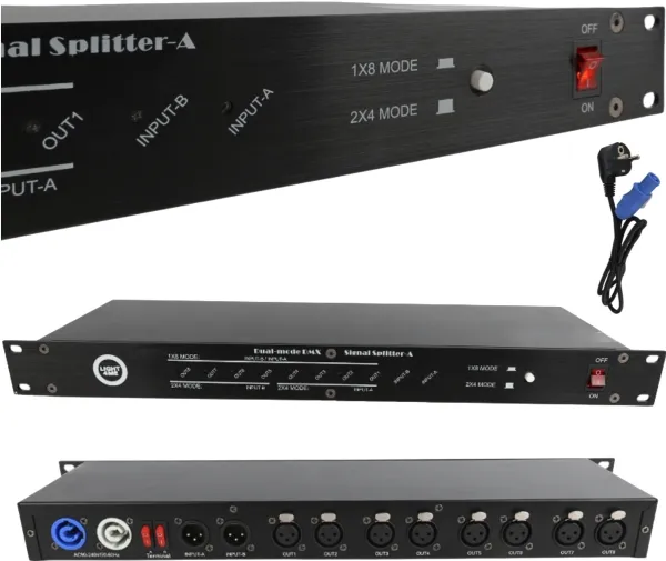 LIGHT4ME XSPLIT 2x4 DMX signal splitter 8-kanals rack 19 1U to driftsmoduser