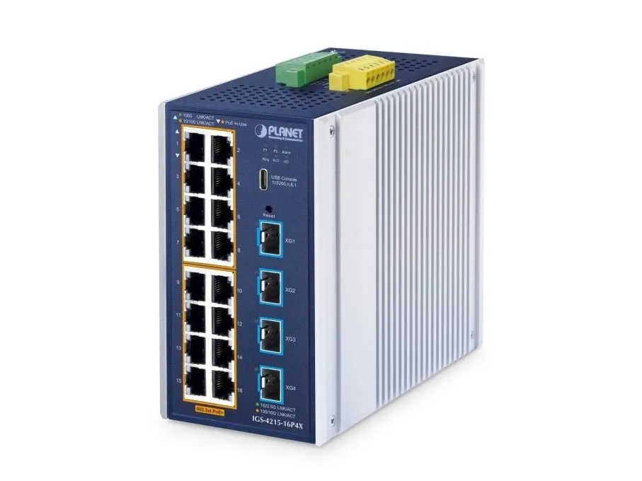 PLANET ndustrial L2+ 16-Port 10/100/1000T 802.3at PoE + 4-Port 10G SFP+ Managed Ethernet Switch, Håndtert, L2+, Gigabit Ethernet (10/100/1000), Full tosidig, Strøm over Ethernet (PoE), Kan monteres på vegg