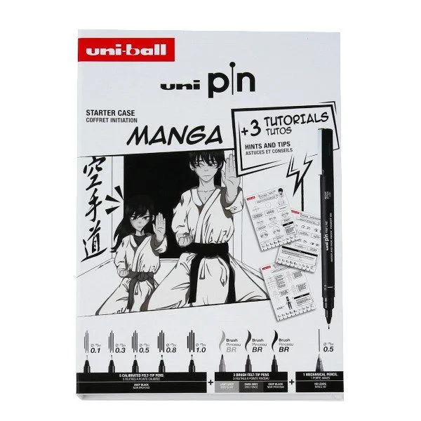 Uni Pin Manga Collection Box - Gaveæske med øvelser ( indeholder 8x uni pin + 1 pencil 0,5mm)