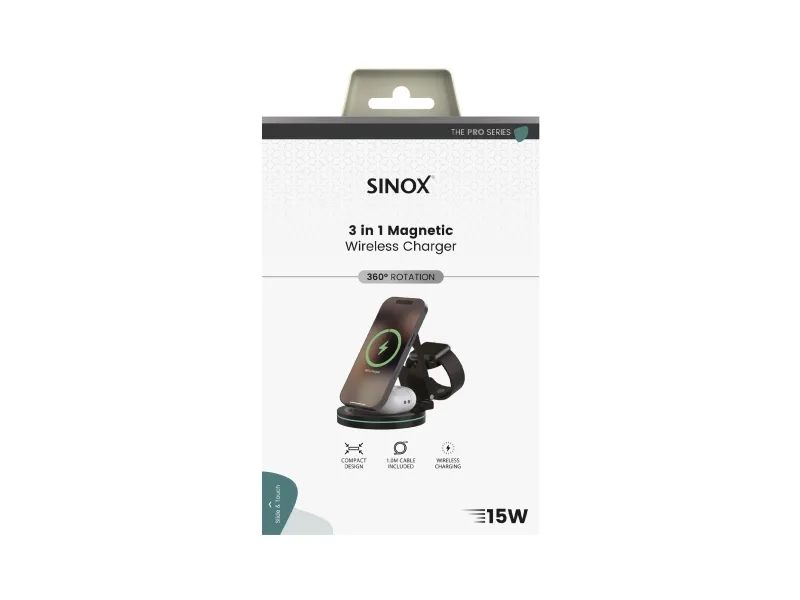 Sinox PRO 3-i-1 trådløs ladeholder 15 W, svart