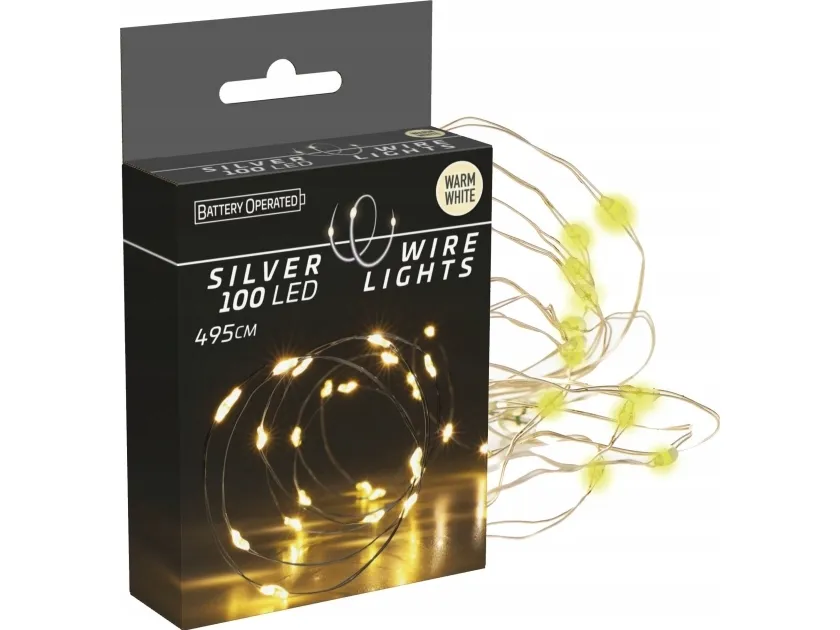 Julebelysning trådslyngelys på batteri 100 LED varm hvit