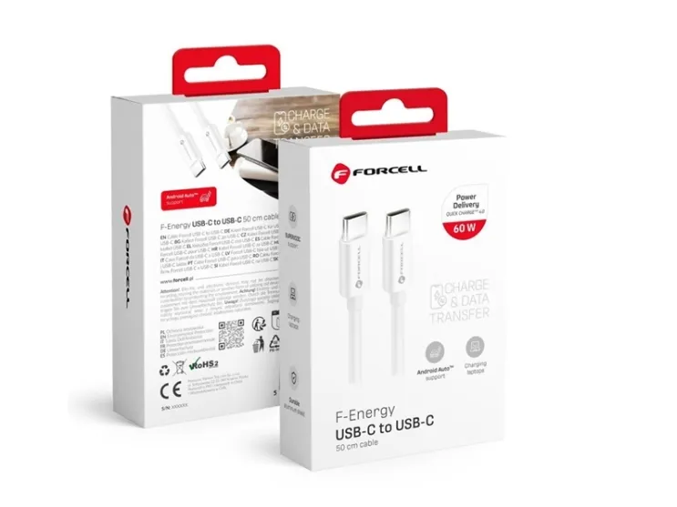 FORCELL USB-C til USB-C, PD QC4.0 3A 60W, 0,5 m, hvit