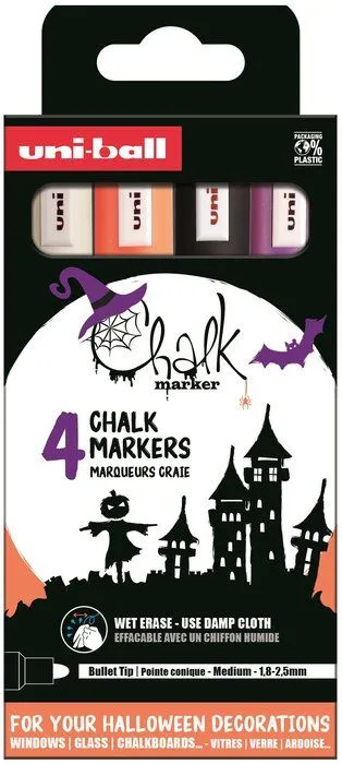 Uni Chalk marker sæt Halloween med 4 stk PWE-5M ( colours white, black, purple, orange)