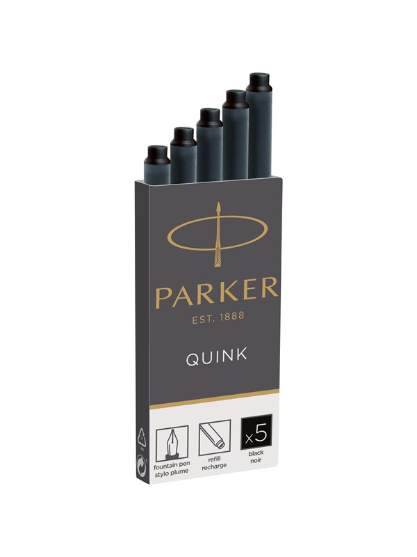 Parker Fountain Pen Ink Refill Cartridges | Long | Black QUINK Ink | 5 Count