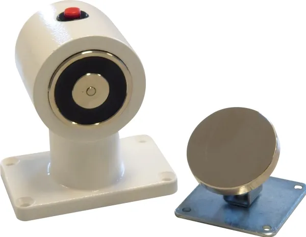 Dørmagnet 55 kg, magnet Ø50 mm, 24Vdc, 60mA, gulvmontering, med utløserspakk, hvit inkl. anker