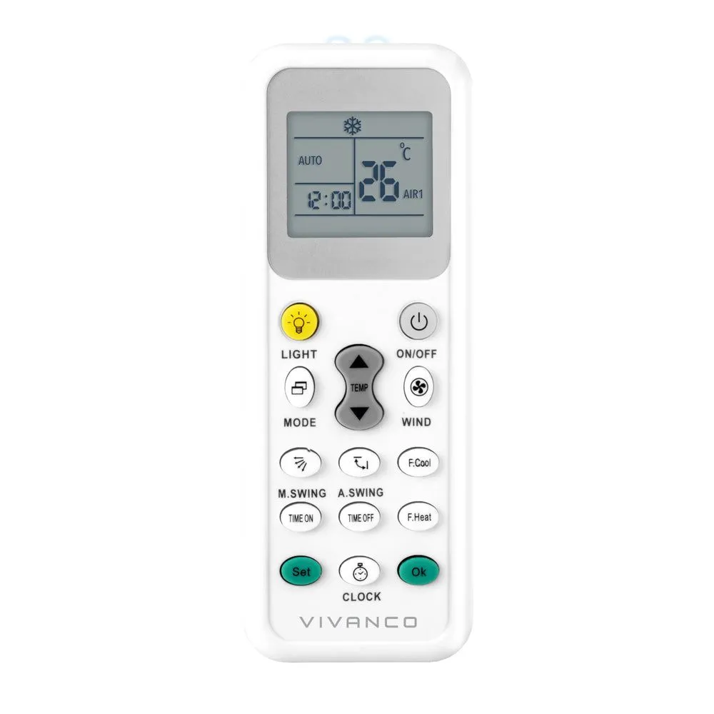 Vivanco VNREMOTEAIR, Air-condition, IR Kabelfri, Trykknapper, Innebygd skjerm, Hvit