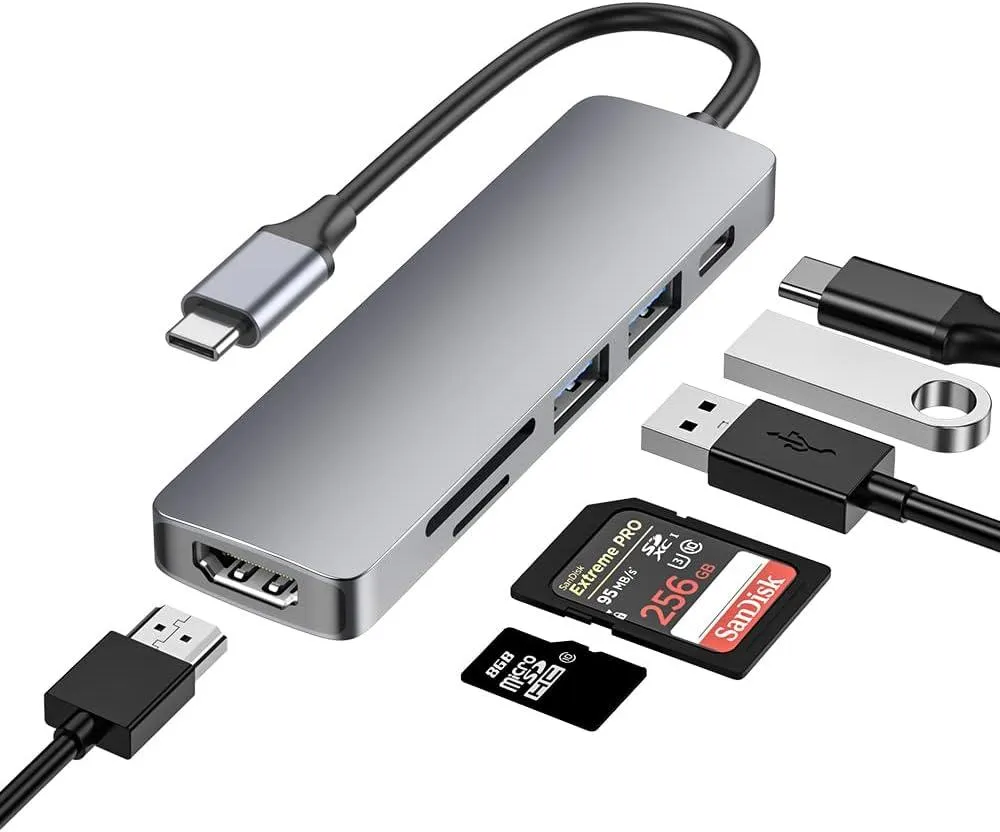 NÖRDIC 1 til 6 USB C dokkingstasjon i aluminium 1xHDMI 4K 30Hz 1xUSB-A 3.0 1xUSB-A 2.0 5Gbps 1x USB C PD87W 1xSD/TF-kortleser