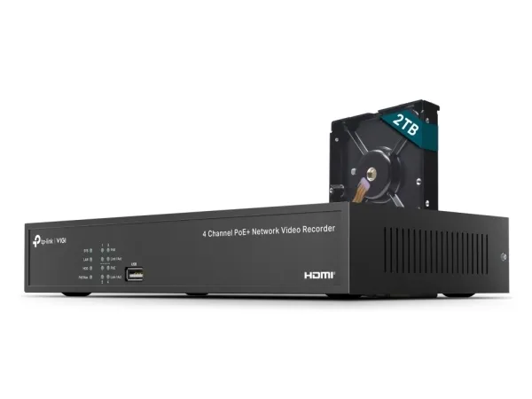 TP-Link VIGI NVR1004H-4P-2TB, 4 kanaler, 3840 x 2160 piksler, 720p, 1080p, 2160p, 3840x2160,1920x1080, 1680x1050, 1440x900, 1280x1024, 1024x768, 1280x720, 1280x720@60fps, 1920x1080@60fps, 3840x2160@30fps, H.264, H.264+, H.265, H.265+