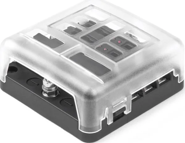 Sikringsboks AMIO-03038, 6 uttak med LED og minus-kontakt