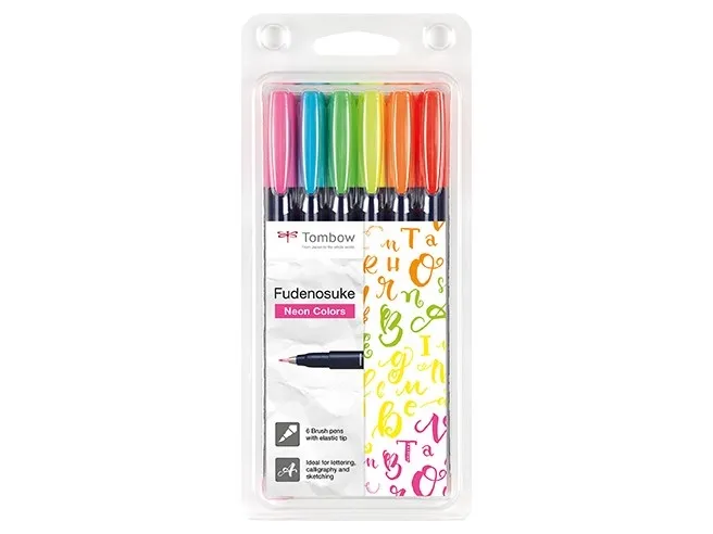 Tombow Brush pen Fudenosuke hård neon ass. farver (6 stk.)