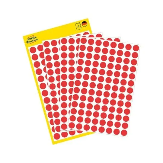 Etiketter Avery Ø8mm rød, aftagelige farvekodingsdots - (4 ark x 104 stk.)