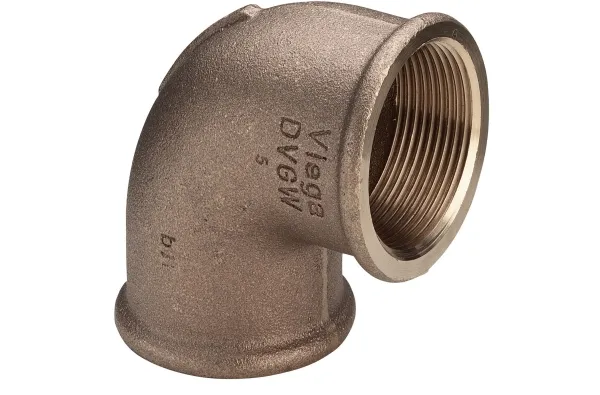 VIEGA 90° vinkel 1/2 x 3/8 muffe/muffe gjengfittings i rødgods. Maks drifttrykk 10 bar (1 MPa)