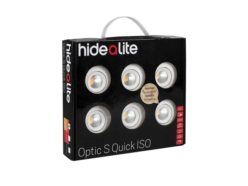 LED-downlight Optic S Quick ISO 6-p Hvid 3000K, 290lm, Ra>95, 3SDCM, 36°, 4,5W, IP44. Fasedæmpbar driver inkluderet.