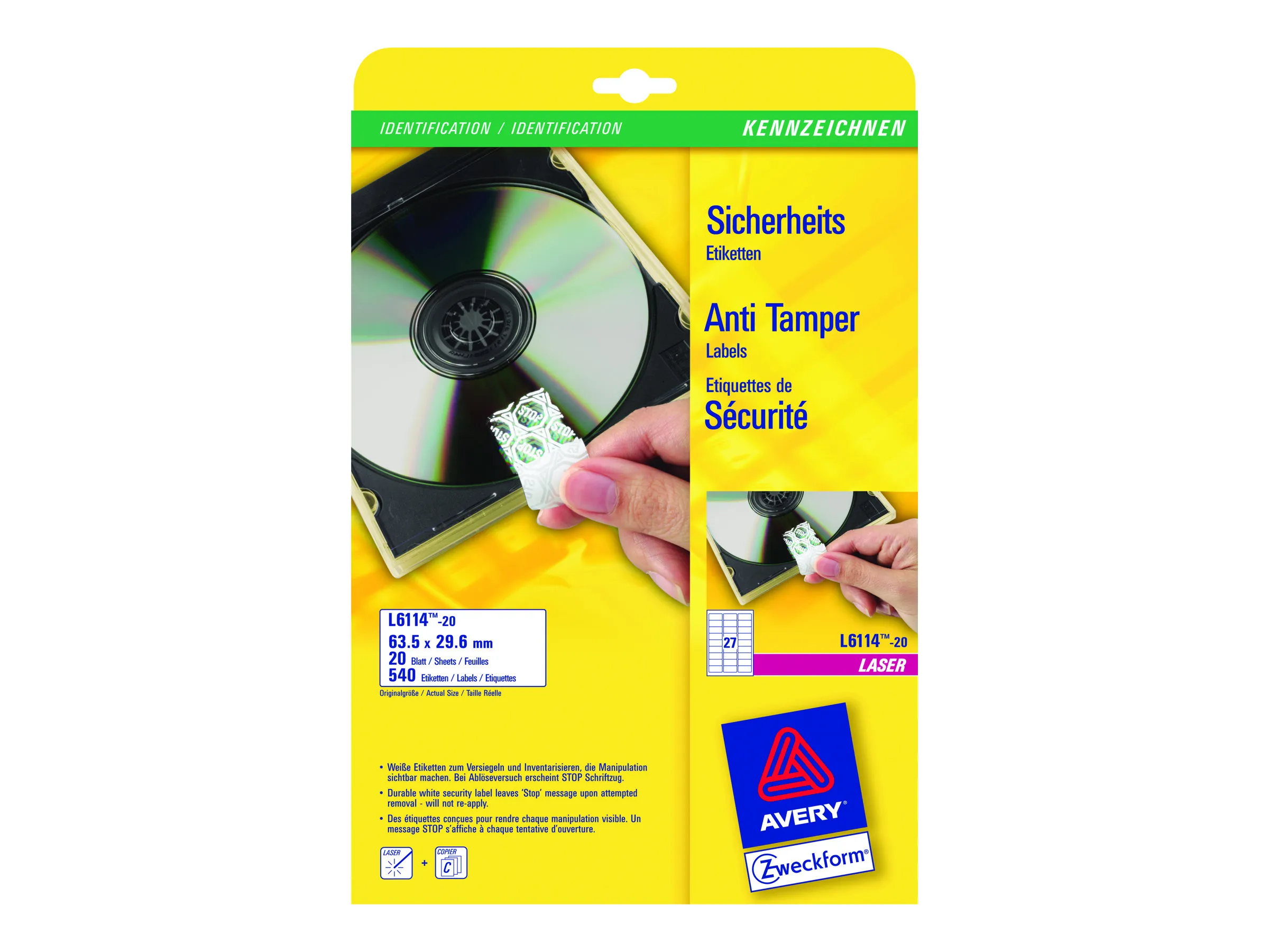 Avery Anti-tamper Label - Polymer - hvit - 29.6 x 63.5 mm 540 stk (20 ark x 27) merkelapper