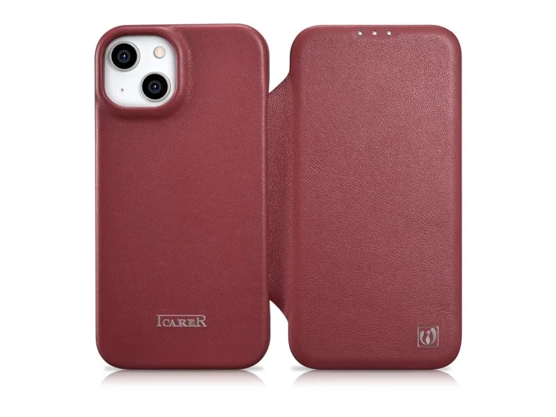 iCarer CE premium lærveske til iPhone 14 Plus magnetisk flip MagSafe - rød (WMI14220715-RD)