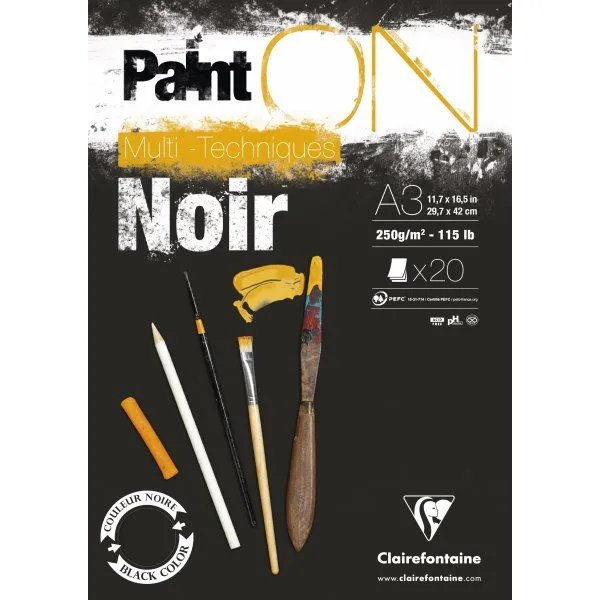 Paint-On Blok A3 250gram 20 ark sort papir, multi teknik, toplimet
