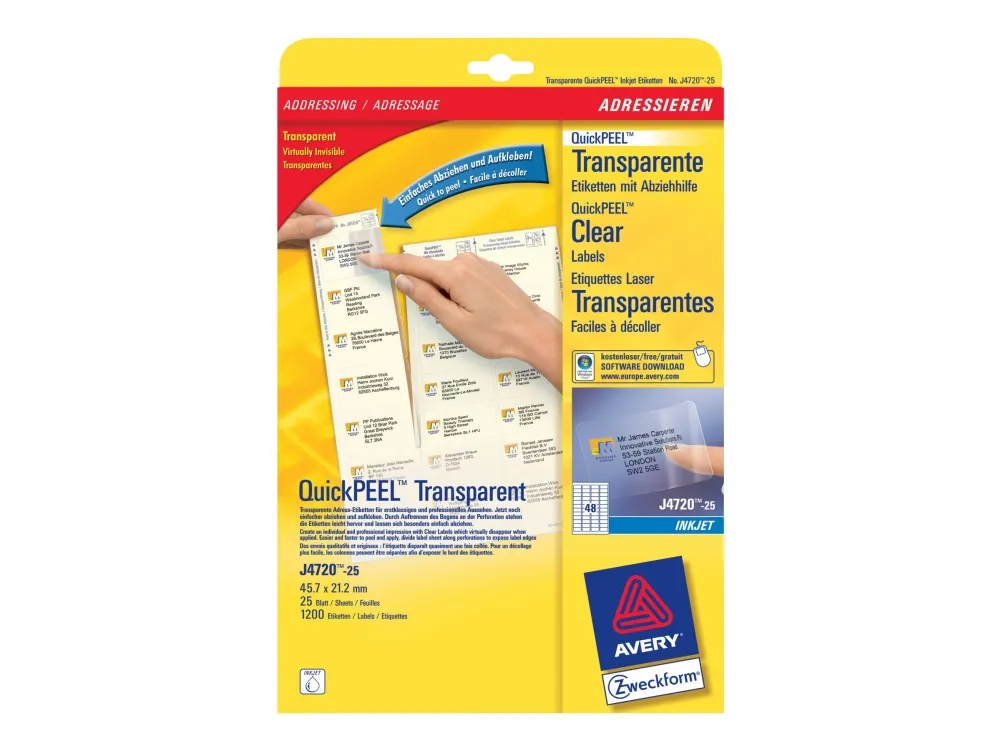 Avery Zweckform J4720 - Polyester - klæbemiddel - klar - 21,2 x 45,7 mm 1200 etikett(r) (25 ark x 48) etiketter