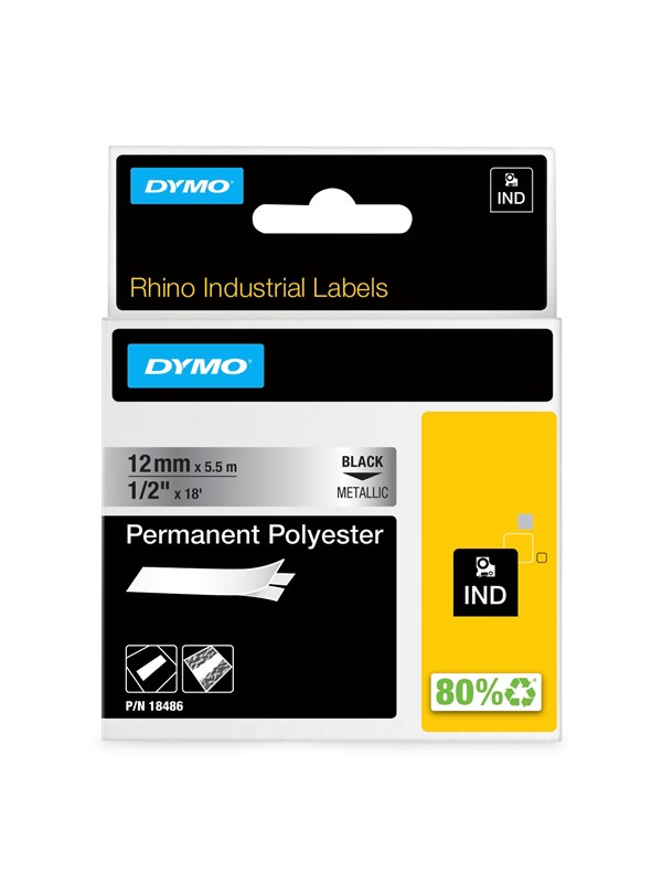 DYMO Dymo Rhino permanent polyester 12mm x 5.5m - sort på metallic