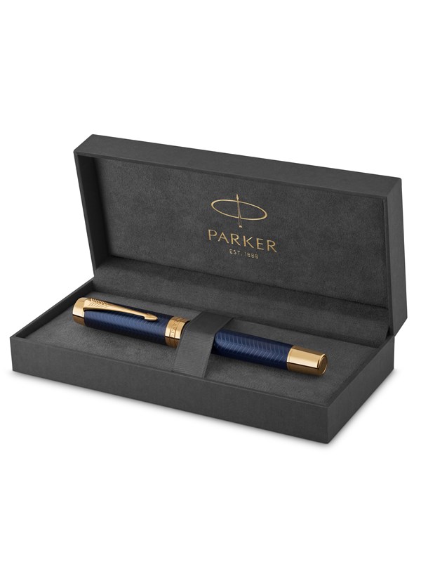 Parker Duofold Centennial Fountain Pen | Prestige Blue Chevron | Medium Solid Gold Nib | Black Ink and Convertor | Premium Gift Box