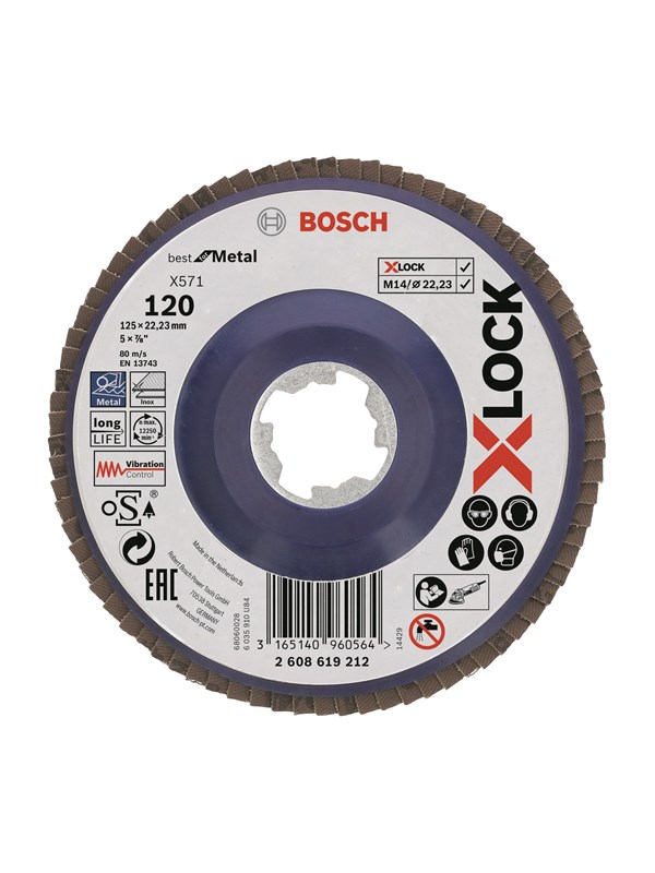 Bosch X-LOCK-lamellslipeskiver, rett modell, plastplate, Ø125 mm, G 120, X571, Best for Metal, 1 stk. D= 125 mm, G= 120, rett