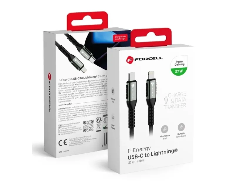 Forcell USB-C til Lightning PD 3A 27W Cafule 0,50 m - svart