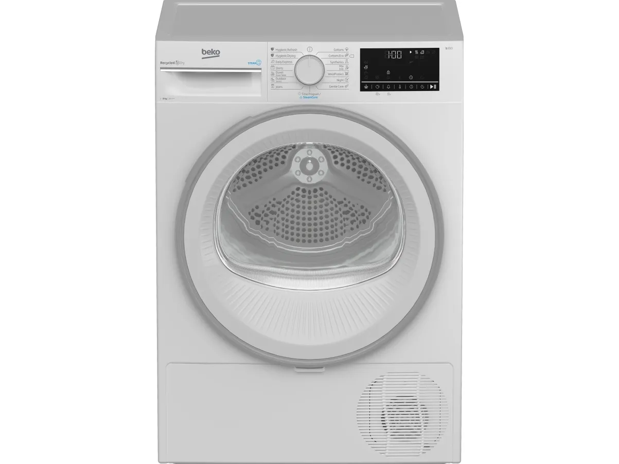 Beko B3T42242, Frittstående, Frontmatet, Varme pumpe, Hvit, Rotasjon, Riktig/Høyre