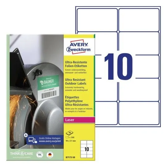 Avery B7173-50, Hvit, Rektangel, Permanent, 99 x 57 mm, A4, Teslin