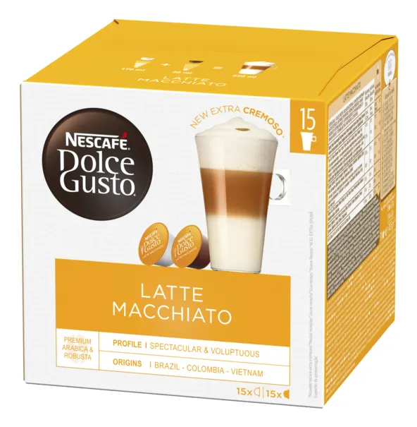 Nescafé Dolce Gusto Latte Macchiato, Kaffe kapsyl, Latte macchiato, Dolce Gusto, 15 kopper, 30 stykker, Boks
