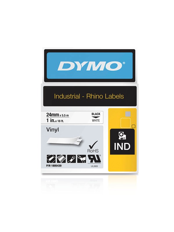 DYMO Rhino industri vinyl tape, 24 mm x 5.5 m rull, sort på hvit