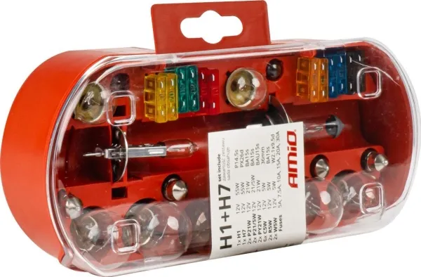 Pakke med plate/deksel, sett med reservedeler/pærer og sikringer, 30 stk. H7 + H1 amio-03960