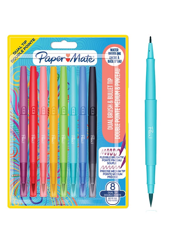 Paper Mate Flair DUAL filtpenne | Pensel og medium spidser (0,7 mm) | Dobbeltendede farvepenne | Assorterte farger | 8 Stk