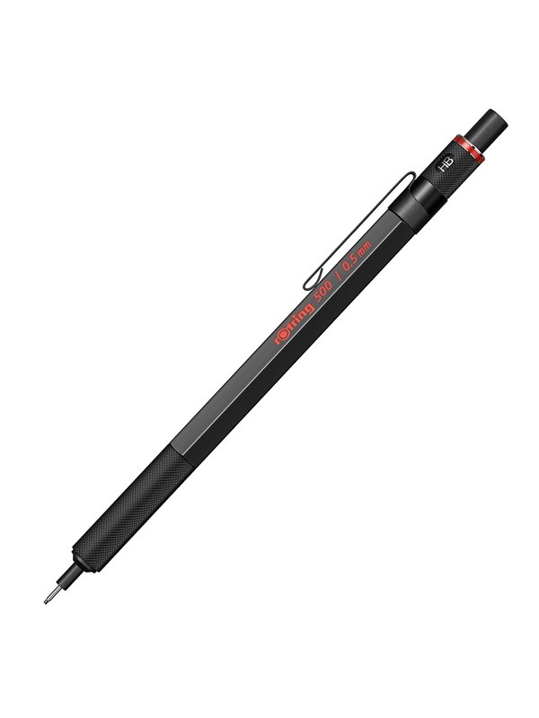Rotring 500 Mechanical Pencil | 0.5 mm HB Lead | Black hexagonal plastic barrel and non-slip textured metal grip