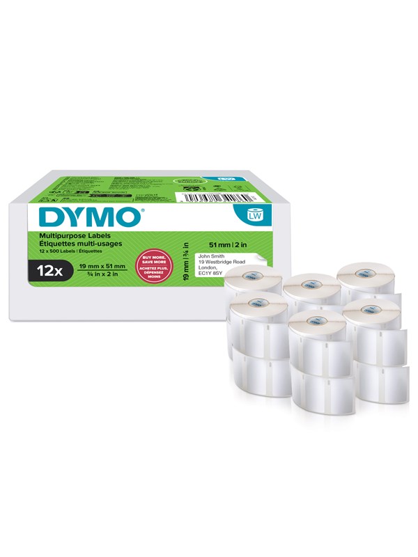 DYMO Authentic LabelWriter Small Multi-Purpose Labels | 19 mm x 51 mm | Self-Adhesive | 12 Rolls of 500 Easy-Peel Labels (6.000 Count) | for LabelWriter Label Makers | Made in Europe