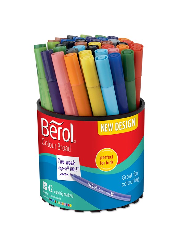 Berol filtspiss fargetusjer, bred spiss (1,2mm), vaskbar, assorterte farger, eske med 42 stk.